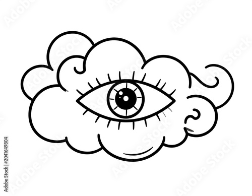 Whimsical Hand Drawn Eye Resting Inside Puffy Cloud Shape on Light Gray Background