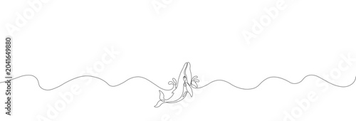 Foto Minimalist continuous line art vector of a whale breaching ocean waves, simple black line drawing on white background