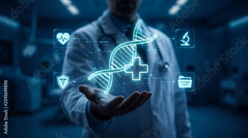 Doctor holding a glowing dna helix hologram with medical icons in a futuristic hospital setting