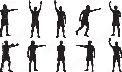 Foto Set of soccer referee silhouettes demonstrating various hand signals and penalty
