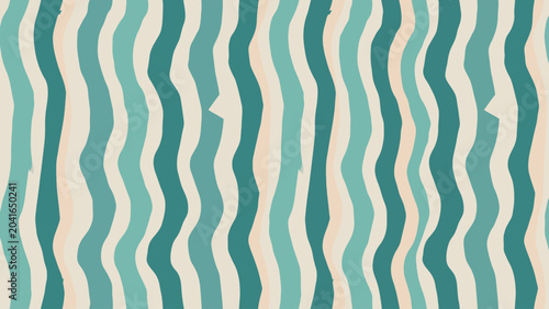 Abstract seamless pattern with irregular wavy vertical stripes in teal and cream colors