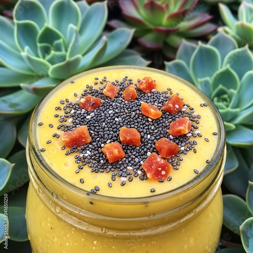Yellow Smoothie Bowl Topped with Chia Seeds and Dried Fruit Among Green Succulents