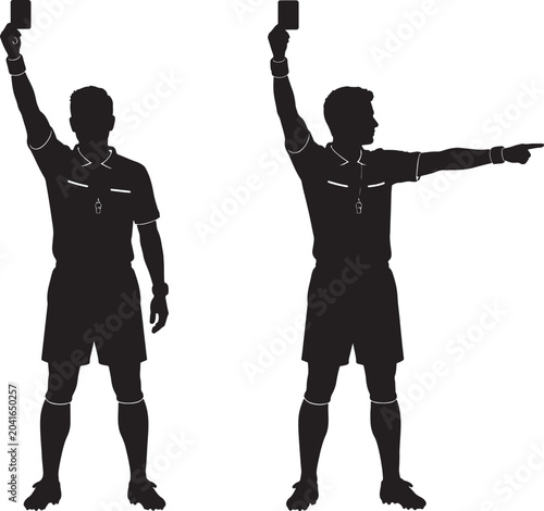 Valokuva Two soccer referee silhouettes, one holding a penalty card and one pointing, iso