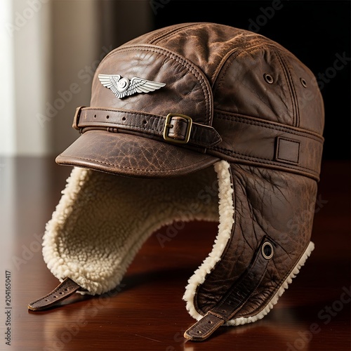 Vintage Brown Leather Aviator Hat Resting on Polished Wooden Table