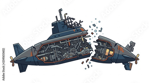 фотографія Damaged Submarine Exploding into Pieces Showing Internal Mechanics