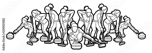 Group of Curling Sport Mix Female Players Action Cartoon Outline Graphic Vector