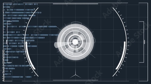 Illustrazione digitale con interfaccia circolare e sfondo di codice binario. Concetto di cybersecurity, intelligenza artificiale, analisi dati e tecnologia futuristica