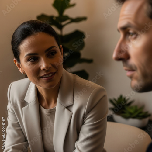 Professional Business Dialogue: Focused Woman in Conversation with Colleague Indoors