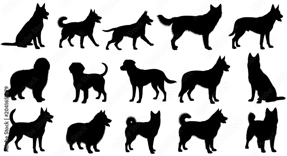 Obraz premium Black Dog Silhouette Collection Arranged on White Background