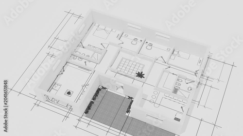 Progetto progressivo di costruzione e ristrutturazione di casa. Architettura, disposizione e configurazione delle stanze e dell'arredamento di moderna abitazione. Disegno e progetto spazio abitativo.
