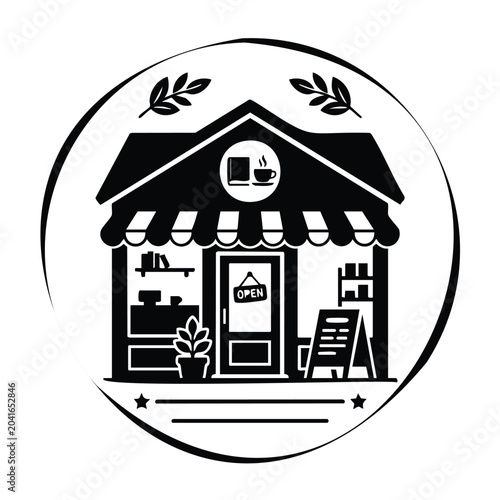 Coffee shop and bookstore storefront design with open sign and decorative.