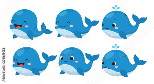 Schilderij op canvas Cartoon Blue Whale Expressions Smiling.