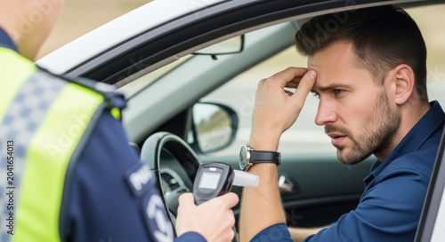 Male driver appears anxious as police officer conducts breathalyzer test inside vehicle during a traffic stop on a sunny day
