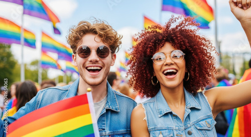 Young diverse individuals celebrate Pride Month holding rainbow flags, surrounded by colorful flags waving in a vibrant outdoor festival setting
