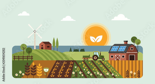 Konstfotografi Sustainable Farm Landscape with Tractor, Wind Turbine, and Solar Panels