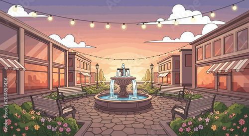 Canvas Print Pixel Art Town Square at Sunset with Fountain and String Lights