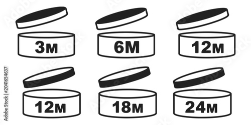 Bild auf Leinwand Cosmetic Period After Opening PAO Icon Set, Standard Expiration Months Symbols for Skincare and Cosmetic Packaging Design, Product Shelf Life Labeling, Editable Vector Illustration