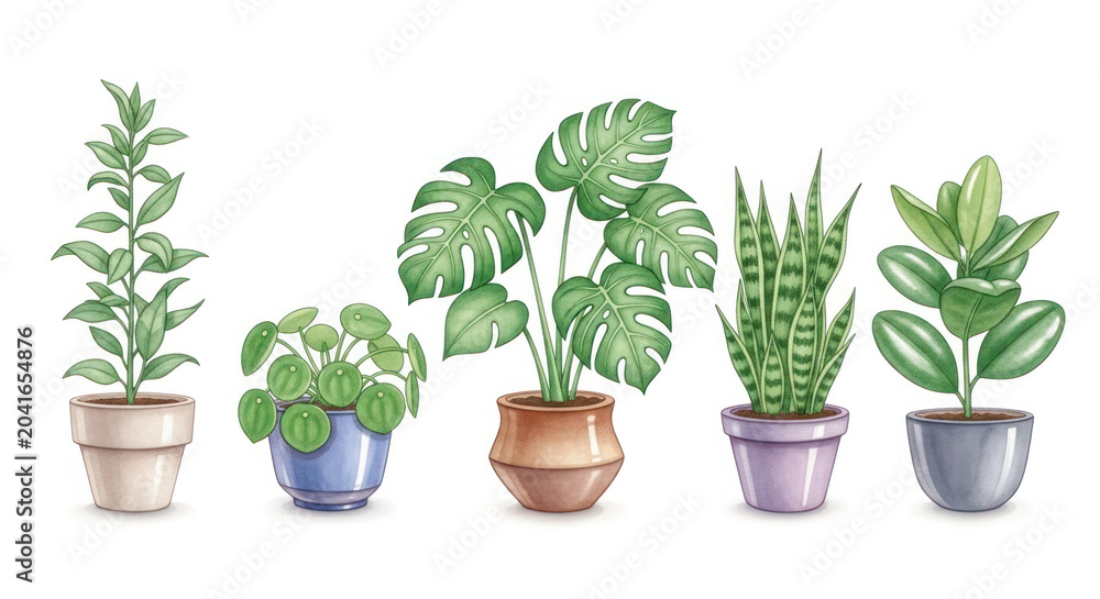 Fototapeta premium Illustration of five potted houseplants in various ceramic pots, showcasing diverse foliage and colors against a white background