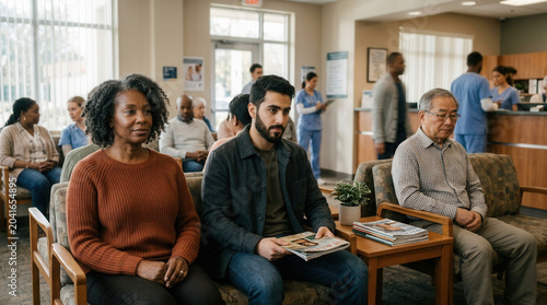 People Waiting in Clinic Waiting Room for Medical Appointment and Healthcare Services