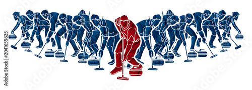 Group of Curling Sport Mix Male Players Action Cartoon Graphic Vector