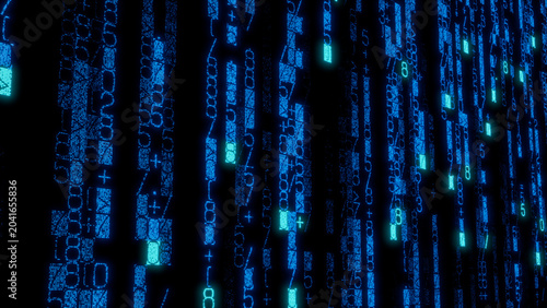 Futuristic Digital Display of Dense Blue and Green Binary Code on Black Background, Ideal for Gaming, Technology, and Data Visualization Projects