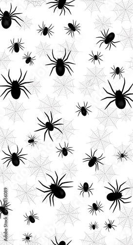 Black Spider Silhouettes Scattered Among Pale Webs on White Background