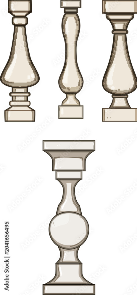 Naklejka premium Various stone balusters presenting classical and modern decorative architectural elements, providing a versatile collection for design, construction, and ornamental projects on a clear background