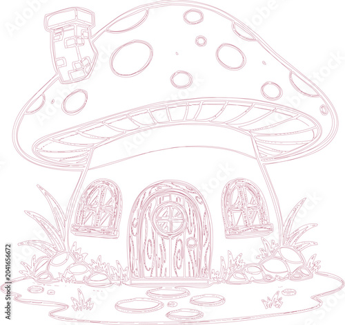 A whimsical pink line drawing of a mushroom house with a door and windows 