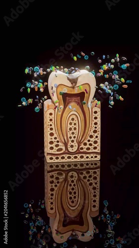Conceptual 3D animation of tooth decay with bacteria in vertical format