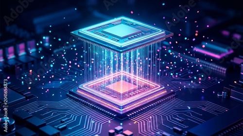 Futuristic Quantum Processor with Neon Light Effects and Data Streams on a Circuit Board Background