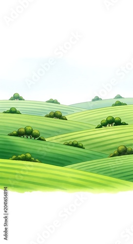 Stylized Green Rolling Hills with Striped Fields and Small Trees in Pastoral Landscape
