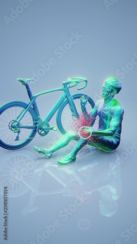 Conceptual 3D animation of a cyclist suffering from knee pain in vertical format