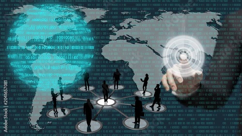 Filmato. Illustrazione 3D. Sfondo mondo digitale. Sequenza di zero e uno concetto di connessione globale tra persone, social network, e dispositivi informatici