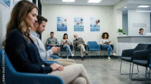 People Waiting in Modern Medical Clinic or Doctor's Office for Appointment