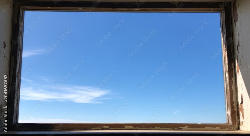 Fototapeta premium A clear blue sky seen through a weathered window frame. The sky is mostly clear with a few wispy clouds. The window frame is old and worn, with peeling paint and visible damage.