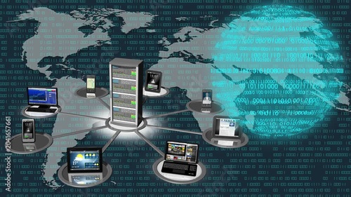 Filmato. Illustrazione 3D. Sfondo mondo digitale. Sequenza di zero e uno concetto di connessione globale tra persone, social network, e dispositivi informatici