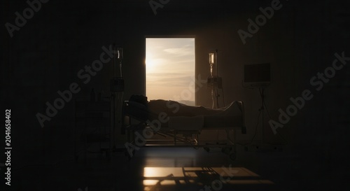 Patient In Bed Overlooking Sunset Through a Window, Dramatic Silhouette Scene