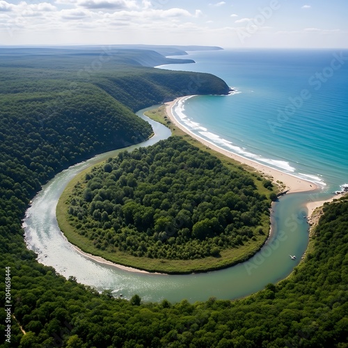 Lush Forested River Bend Meeting Turquoise Ocean Along Remote Coastal Beach