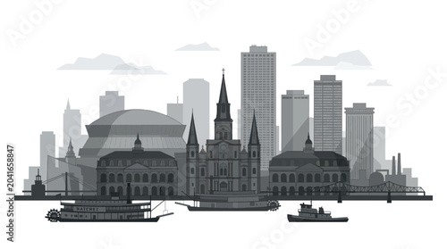 Εκτύπωση καμβά New Orleans Skyline Silhouette with Mississippi Riverboats