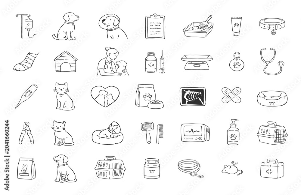 Fototapeta premium Veterinary doodle icon set. Hand-drawn vet clinic elements, pet medicine, doctor, dog, cat, healthcare tools, food, and grooming icons. Minimalist line art for animal hospital website and print.