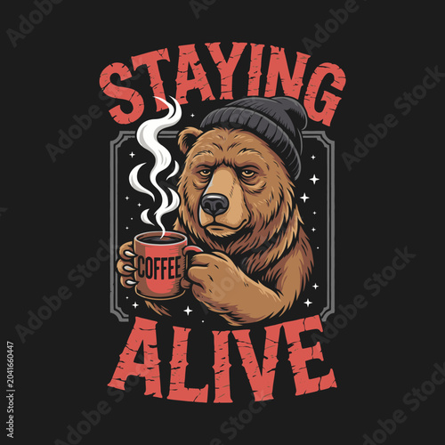 Brown bear wearing beanie holding coffee.