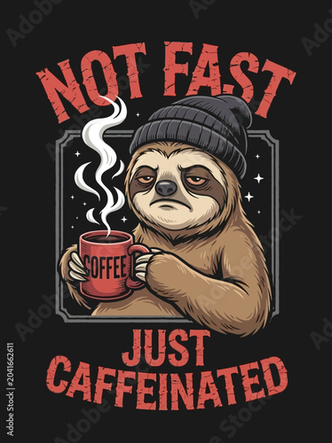 Schilderij op canvas Sloth wearing beanie holding coffee.
