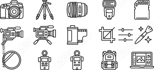 Foto Photography Equipment Icons Set Camera Lens Tripod Flash SD Card Video Gear Vect