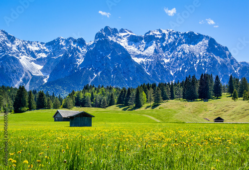 Landschaft mit Wiesen und Karwendelgebirge bei Mittenwald, Frühling, Werdenfelser Land, Oberbayern, Bayern, Deutschland