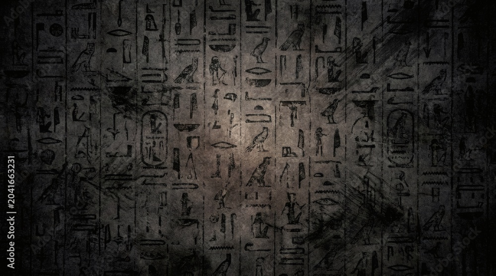 Fototapeta premium Ancient Egyptian Hieroglyphs Carved into a Dark, Textured Stone Wall with Subtle Lighting.