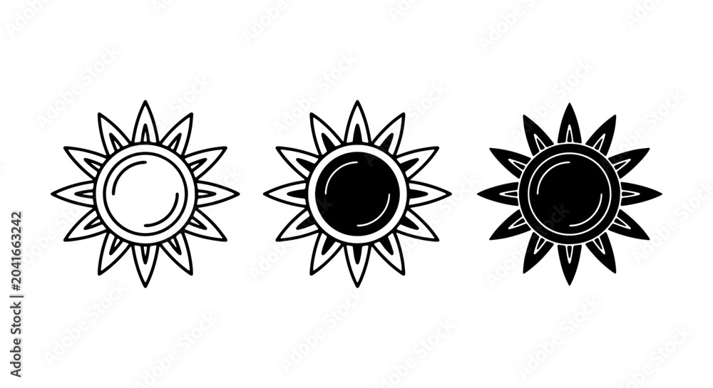Fototapeta premium Sun Icons, Weather Symbols, Celestial Body Graphics, Summer & Heat Vector Elements