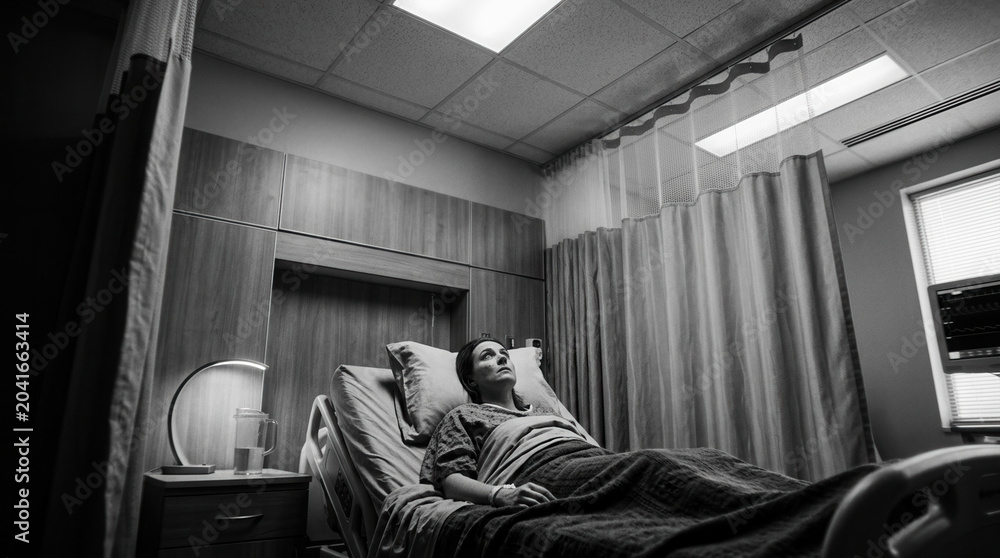 Fototapeta premium Patient Recovers After A Medical Procedure Lying In The Hospital Bed Monochrome Photo