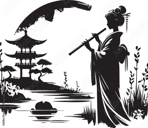 Silhouette of woman playing shakuhachi flute in traditional Japa