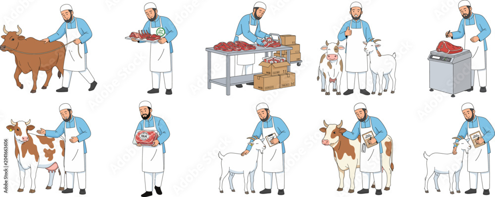 Fototapeta premium Butcher Handling Cow and Goat for Meat Preparation, Halal Food Processing