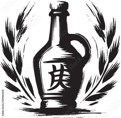 Artistic Sumi-e Depiction of Kvass with Barley Accents, Black an